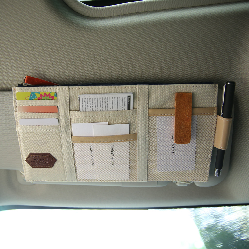 车载收纳袋遮阳板卡片夹多功能驾驶证票据卡包套皮革汽车用眼镜夹-封面