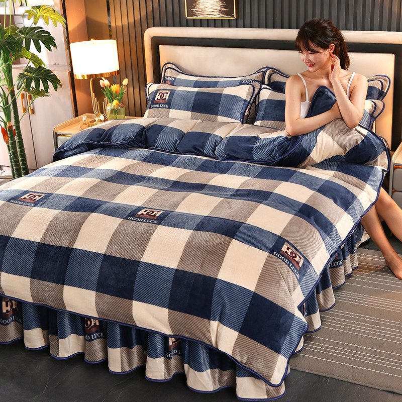 冬季加厚保暖珊瑚绒四件套牛奶绒床裙款床单被套双面短毛绒床上用