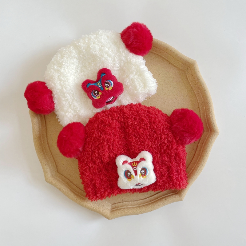 新年款婴儿百天新生儿周岁宝宝拜年帽加厚保暖冬季帽无骨毛线绒帽