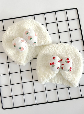 婴儿帽子冬男女宝宝帽毛线无骨厚帽印度帽蝴蝶结胎帽加厚保暖防风