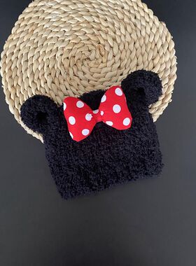 宝宝新生儿婴儿百天宝宝帽子手工编织加厚保暖米奇帽子珊瑚绒线萌