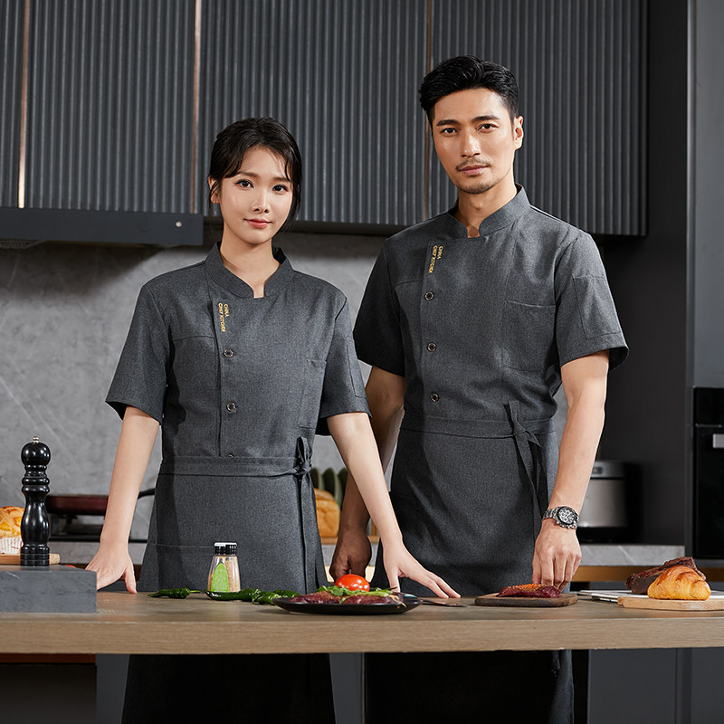 高档食堂厨房厨师工作服短袖男夏季酒店工装半袖女定制LOGO透气