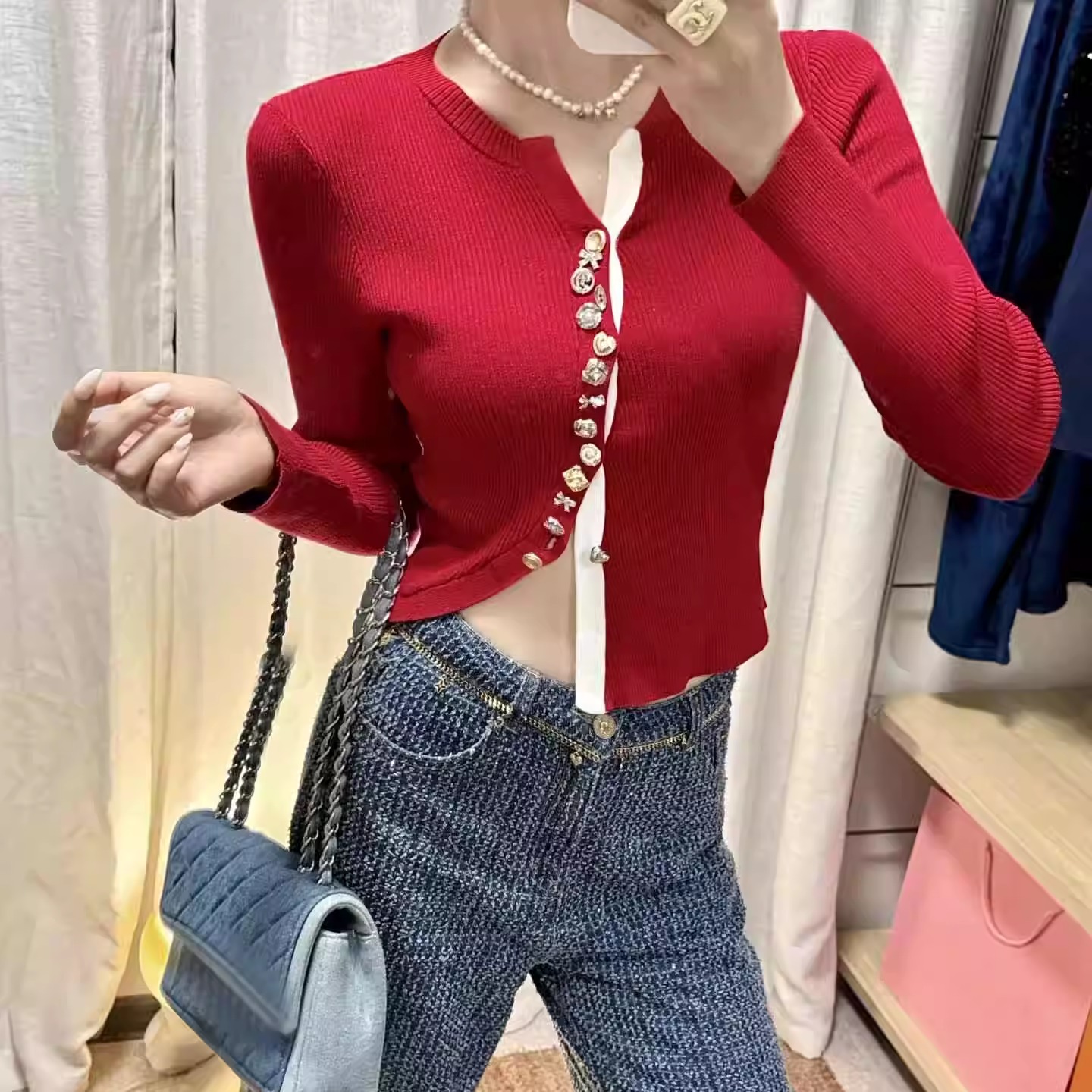 小香风法式重工纽扣针织开衫