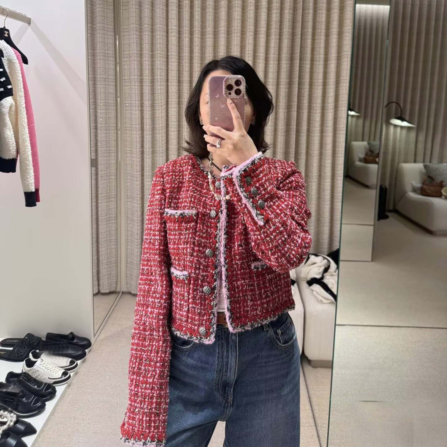 小香风圣诞红粗花呢短外套女