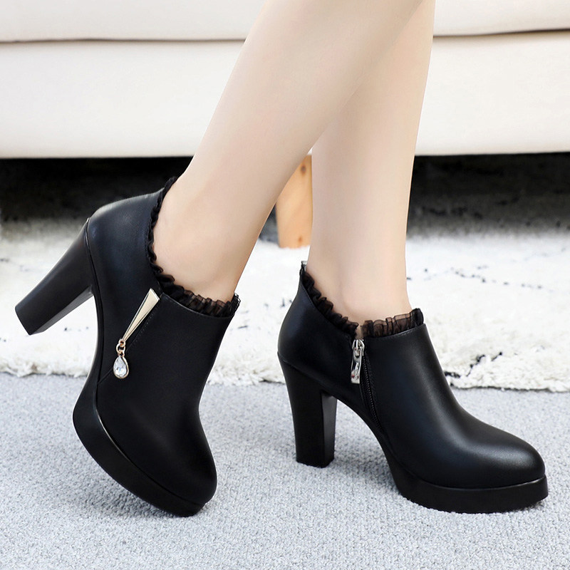 秋冬款高跟尖头深口单鞋女式单靴裸靴拉链短靴大码粗跟防水台厚底,女鞋,深口单鞋,淘宝优惠券,粉丝福利购,淘宝优惠卷