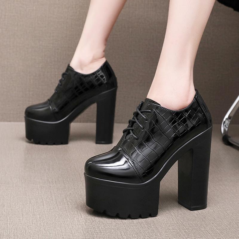 12CM超高跟鞋女真皮圆头粗跟女鞋防水台性感模特走秀鞋大码单鞋子