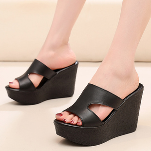 高跟坡跟软底凉拖鞋黑色女士一字拖鞋防水台厚底沙滩凉鞋试衣间鞋