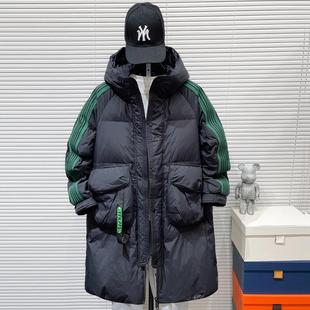 中长款羽绒服男青少年2023冬季新潮条纹高中学生抗寒加大码衣派克