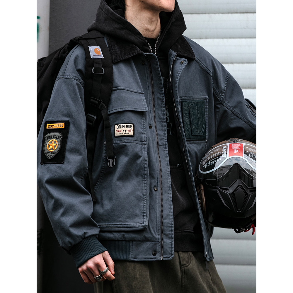 【硬朗有型】美式复古巴恩风徽章贴布工装夹克男春秋潮牌宽松外套