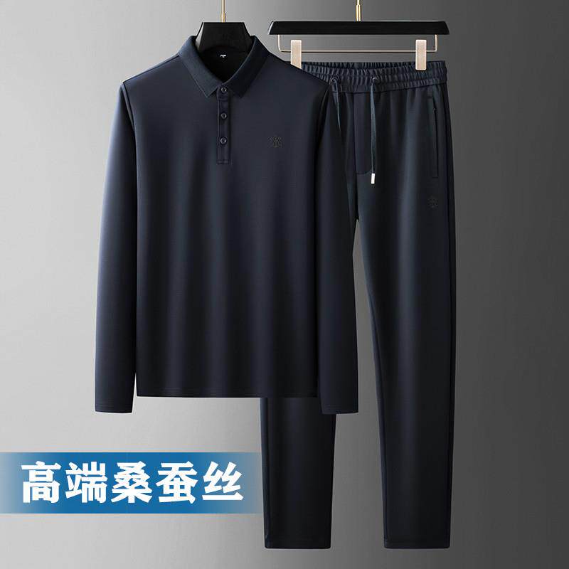 高端桑蚕丝丨休闲套装男春秋款中老年运动服装男士爸爸两件套秋季