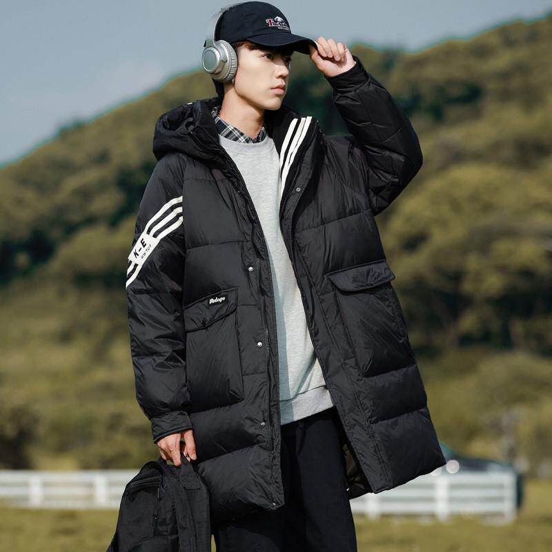 中长款羽绒服男青少年2025冬季新潮牌三道杠条纹高中学生大衣派克