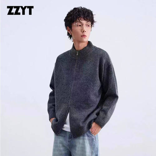 ZZYT美式复古立领拉链开衫毛衣男宽松针织衫外套潮牌上衣