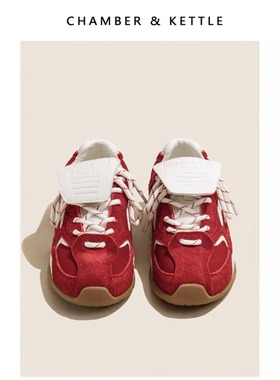 【现货速发】厚底德训鞋女2025新款内增高红色软底真皮运动鞋