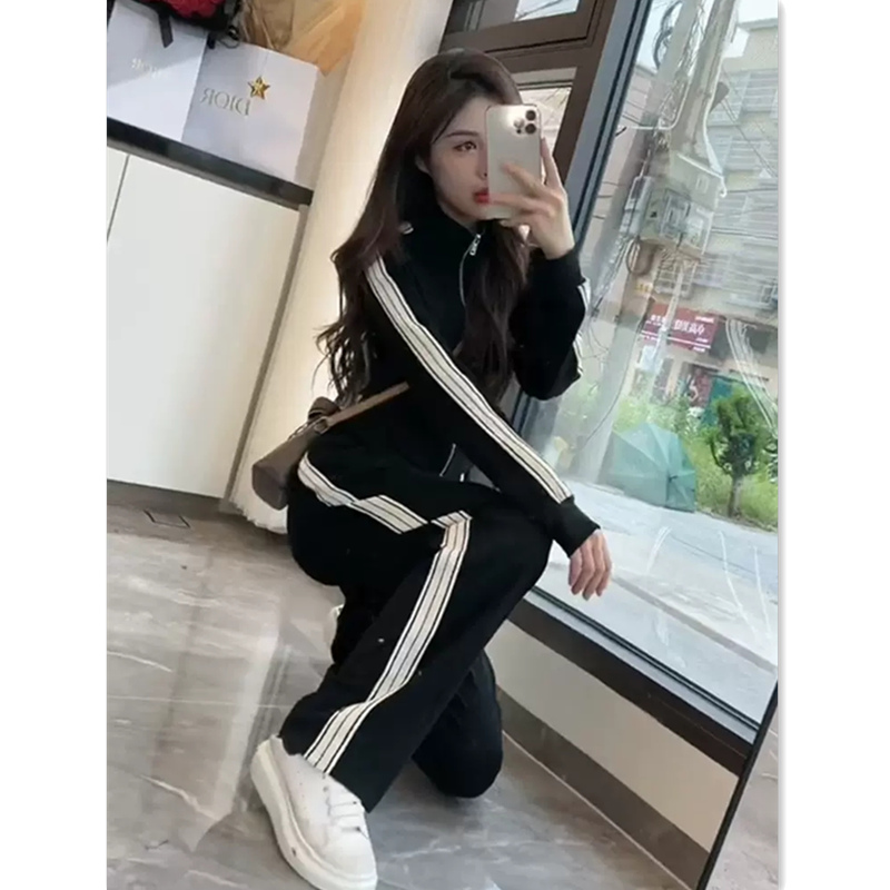 时尚炸街运动风套装女春秋气质条纹立领外套休闲阔腿裤显高两件套