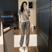 长裤 洋气时髦减龄短袖 两件套 女夏时尚 欧货高级感灰色休闲运动套装