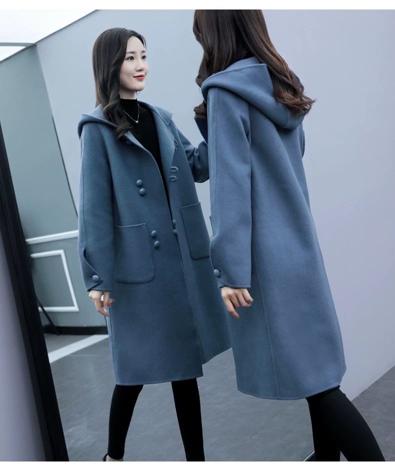 毛呢中长款纯色大妈外套单排扣潮