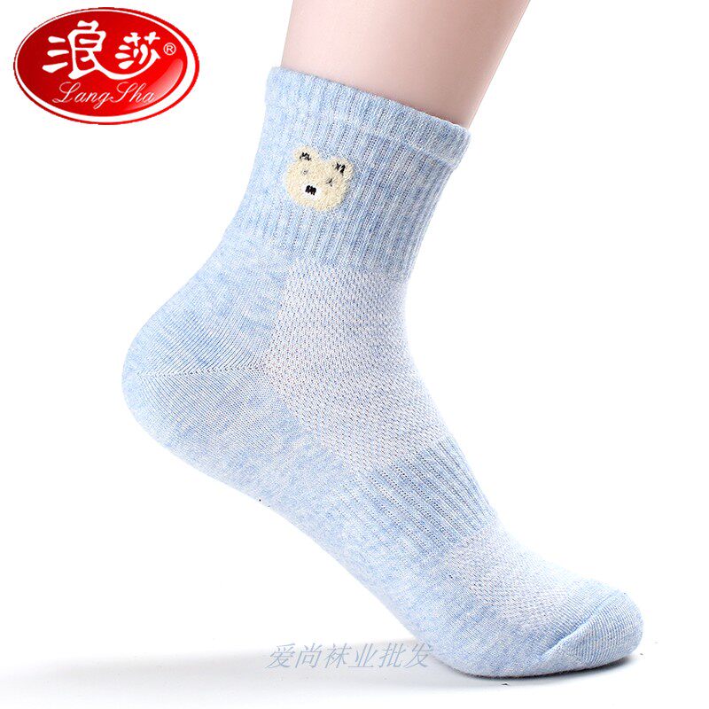 6双浪莎袜子女秋季网眼100%纯棉中筒袜薄款韩版运动防臭学生短袜