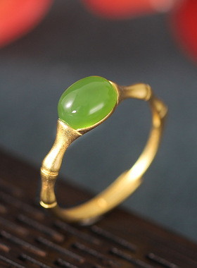 小米粒和田玉925纯银戒指饰品新款女竹节复古磨砂潮流戒子