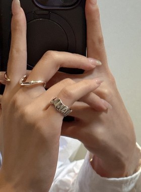 S925纯银韩版小众设计感褶皱戒指韩式风时尚感简约直播热卖尾戒