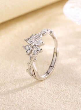 S999纯银荆棘花朵戒指女轻奢高级感小众时尚四叶草指环抖音小红书