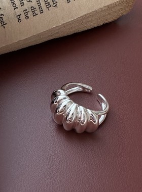 S925纯银韩版重工质感牛角包时髦戒指韩版韩式风简约复古指环