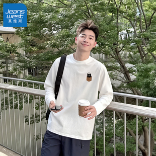 真维斯白色纯棉长袖t恤男美式潮流圆领内搭男款春季打底衫男士L