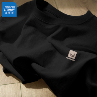 真维斯黑色t恤短袖男款纯棉运动宽松圆领上衣男士美式笑脸半袖男L