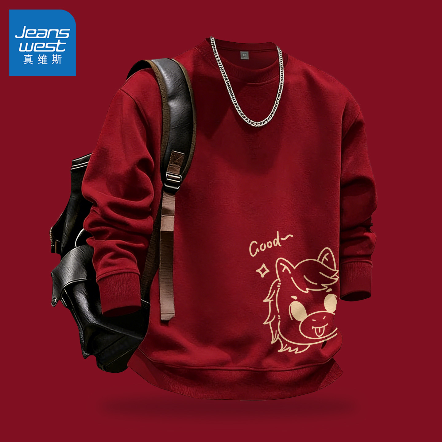 真维斯马年男士加绒卫衣冬保暖宽松上衣男款红色加绒加厚外套男Q