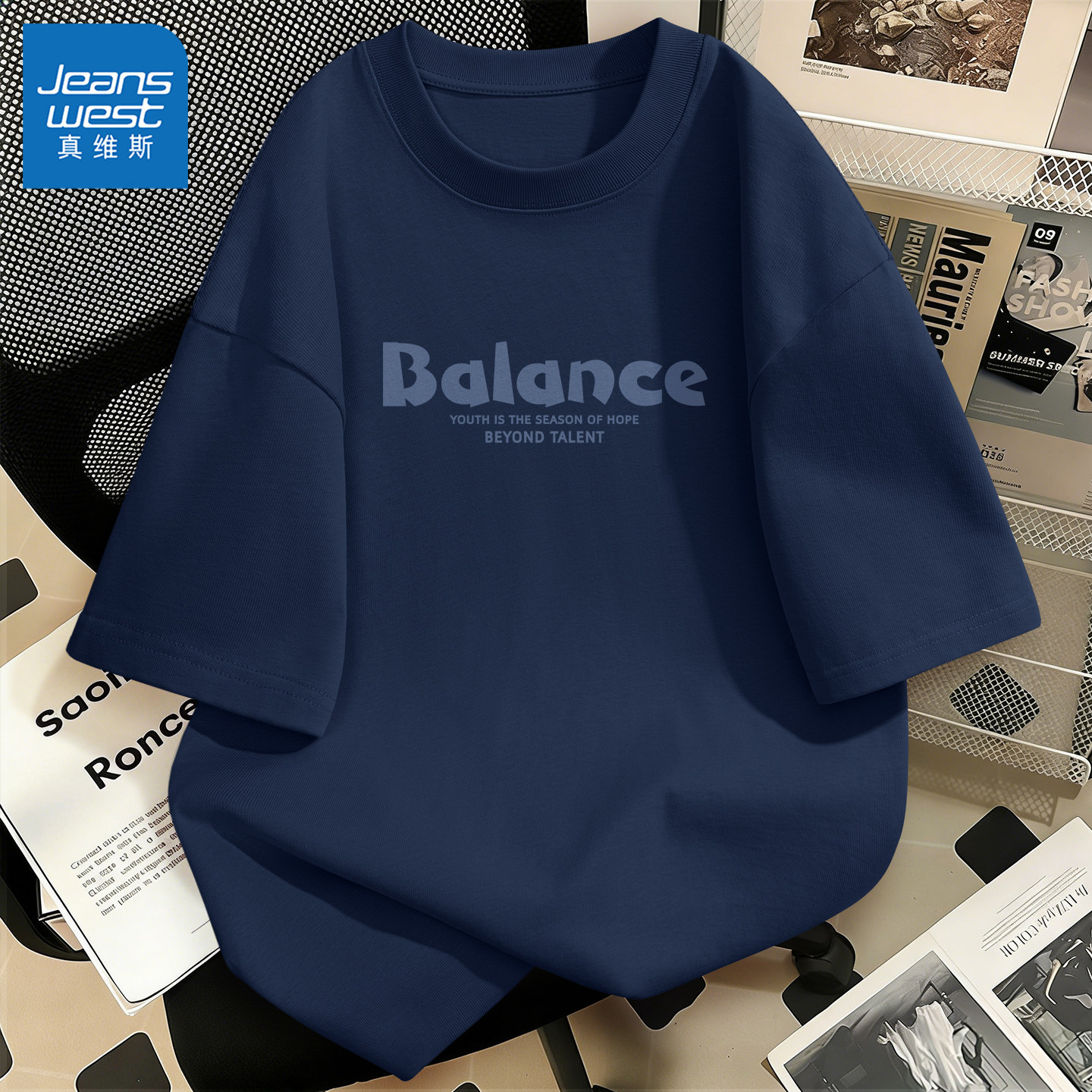 真维斯蓝色t恤男夏季纯棉日系简约男款短袖青少年巨好看衣服男y