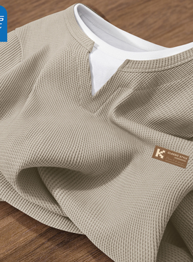 真维斯男士t恤长袖春季华夫格圆领打底衫男款2026新款宽松衣服男Q