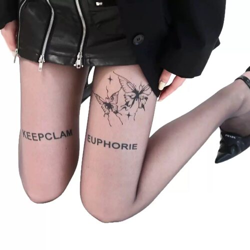 甜辣风纹身丝袜纯欲蝴蝶春秋款女防勾丝袜子春季蝴蝶黑丝连裤袜