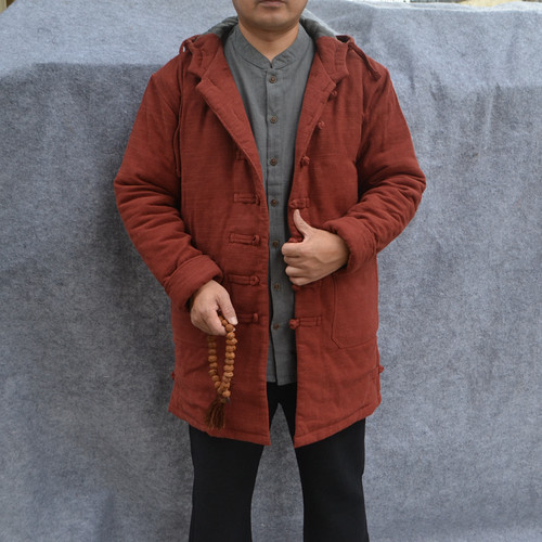 中长款连帽棉衣男士亚麻棉麻外套