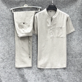 宽松中老年亚麻爸爸装 加大码 夏薄T t恤男式 唐装 中国风棉麻套装 短袖