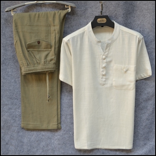 复古中老年亚麻短袖 大码 男式 套装 t恤上衣盘扣夏薄T 中国风棉麻唐装