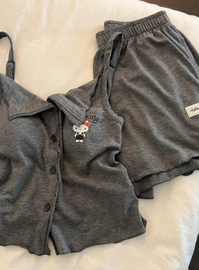 甜美灰色简约卡通hellokitty吊带胸垫睡衣女款夏季休闲家居服套装