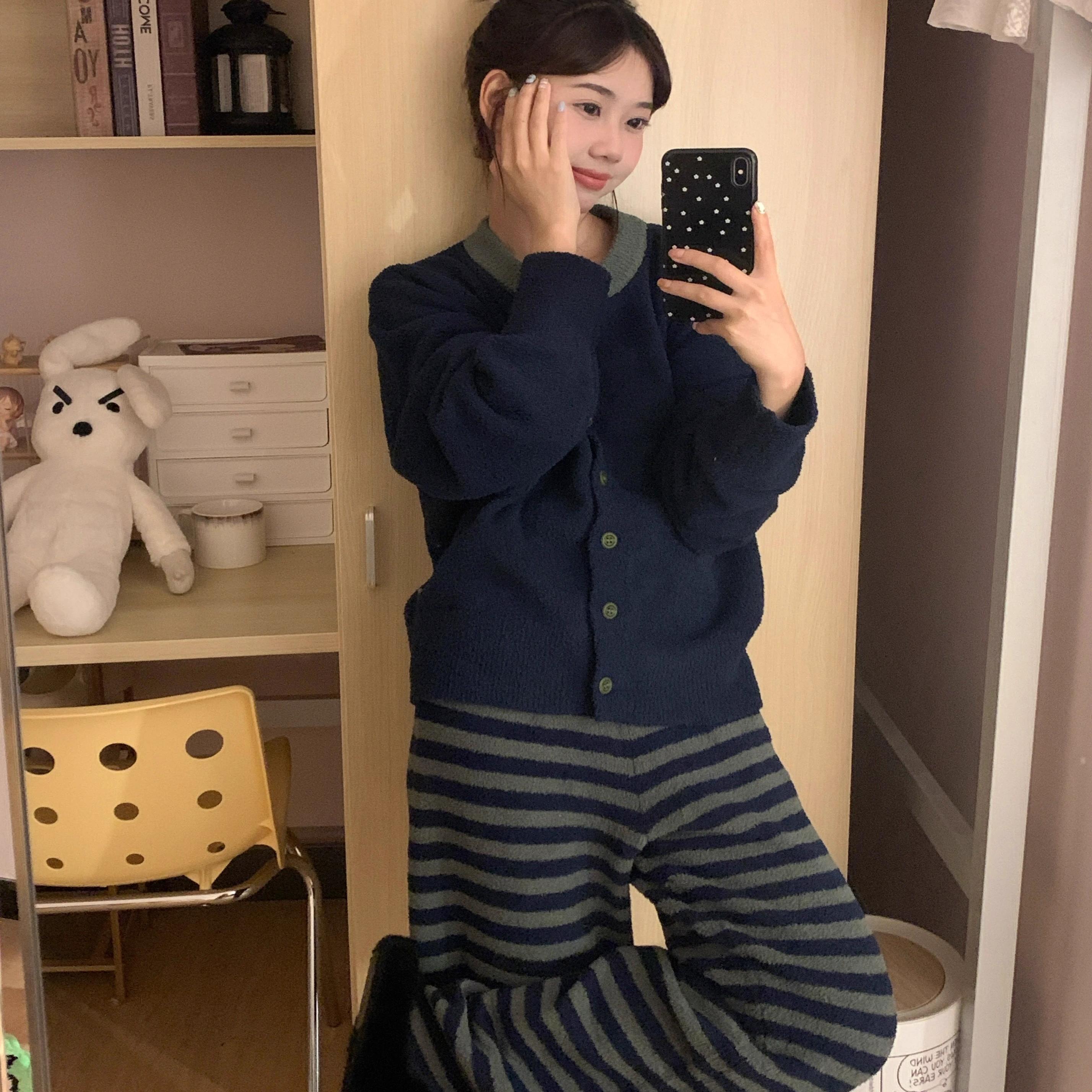 简约条纹针织睡衣秋冬新款加绒