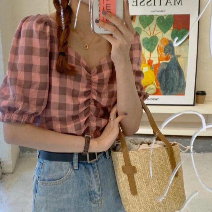 2020 Summer style the republic of korea chic have cash less than that is registered in the accounts square neck puff sleeve Easy Versatile lattice jacketin the Women's clothing/Boutique , Shirt  category - from Buy2taobao.com to provide professional Taobao agent buy service