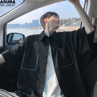 潮流胖子宽松纯色透气夏季 男加肥加大码 2026 衬衫 极简风冰丝半短袖