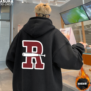 加绒厚款连帽卫衣男加肥加大码潮胖子宽松冬装外套头运动保暖情侣