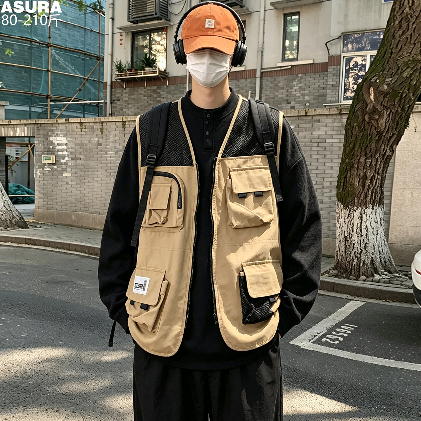 网眼拼接机能工装大码马甲男