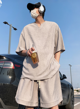 冰丝肌理感半短袖T恤男短裤套装加肥大码潮胖子宽松夏季休闲沙滩