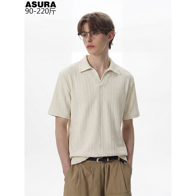 肌理感麻花条纹短袖T恤polo衫男加肥大码潮胖夏宽松设计感小众