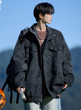 夹棉厚扎染复古PU皮衣工装夹克男加肥大码潮胖子宽松外套春季2026