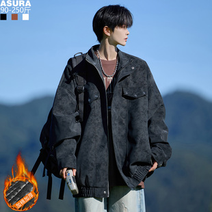 夹棉厚扎染复古PU皮衣工装 潮胖子宽松外套秋冬2025 夹克男加肥大码