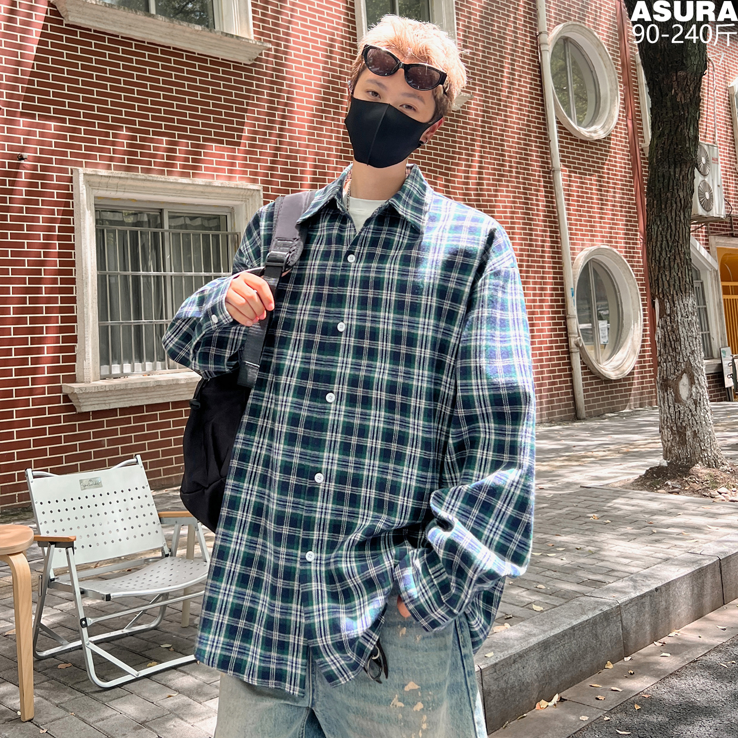 秋装新款格子长袖衬衫男士加肥加大码潮牌胖宽松港味上衣休闲外套