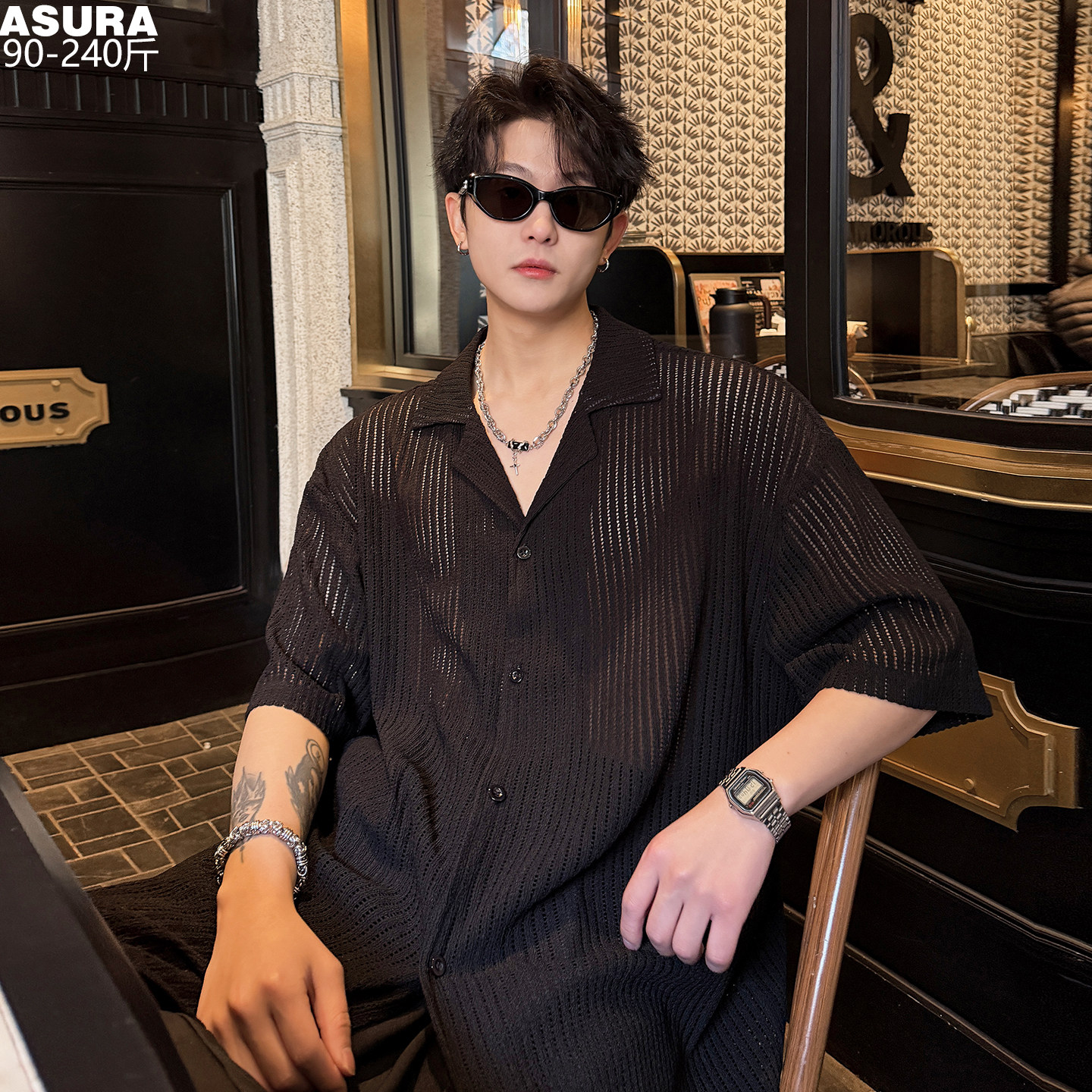 老钱风冰丝半短袖透视衬衫男大码潮流胖子宽松纯色透气夏季新款