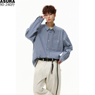 潮流胖子宽松春夏休闲叠穿 男加肥加大码 日系复古蓝白格纹长袖 衬衫