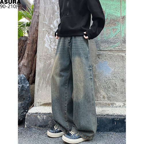 胖子美式复古阔腿做旧牛仔裤男