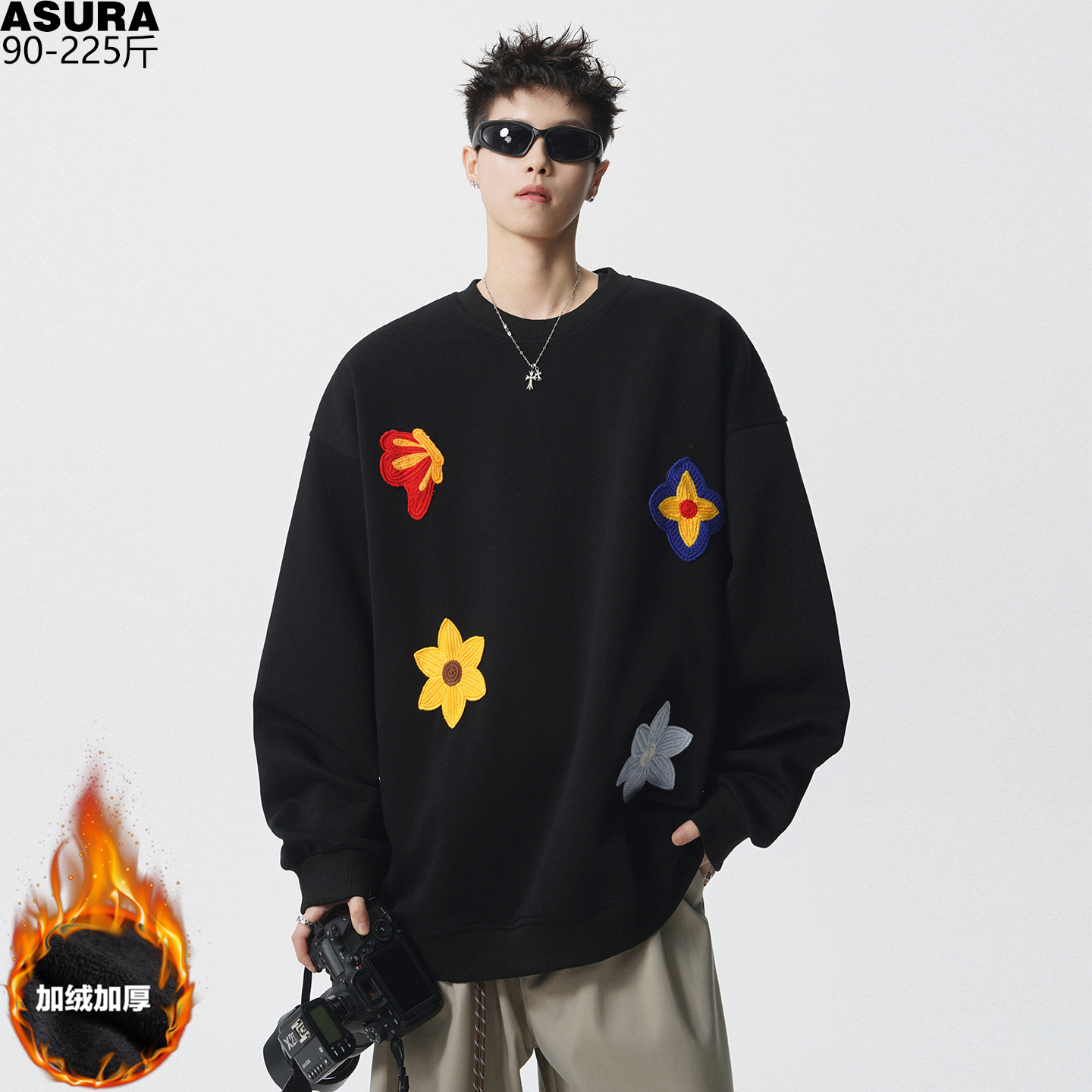 加绒厚款美式花朵刺绣重磅卫衣男加肥加大码潮胖子宽松设计感秋冬