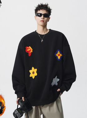 加绒厚款美式花朵刺绣重磅卫衣男加肥加大码潮胖子宽松设计感春秋